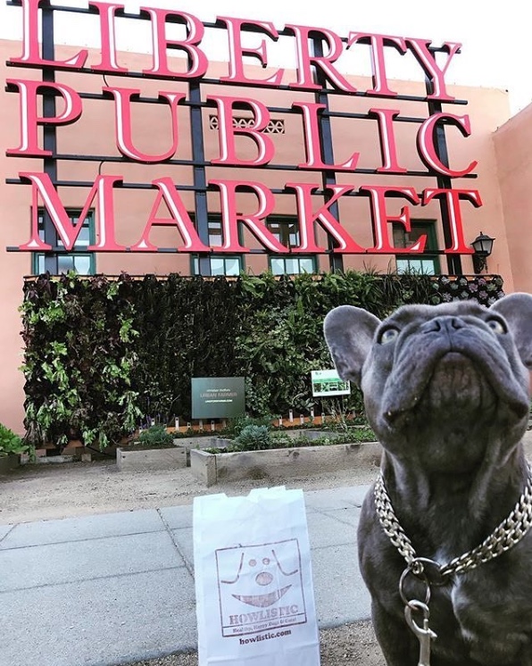 French terrier dog to the right looking upwards with liberty public market sign behind him